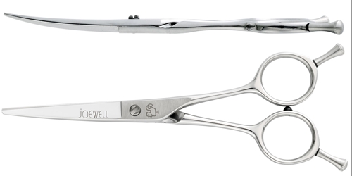 Joewell R Curved Series Joewell, Japanese, Handmade, Silver, Chrome, R, Curved, Blade, Series, Ergonomic, Offset, Shear, Righty, Right, Handed, Removable, Finger, Rest